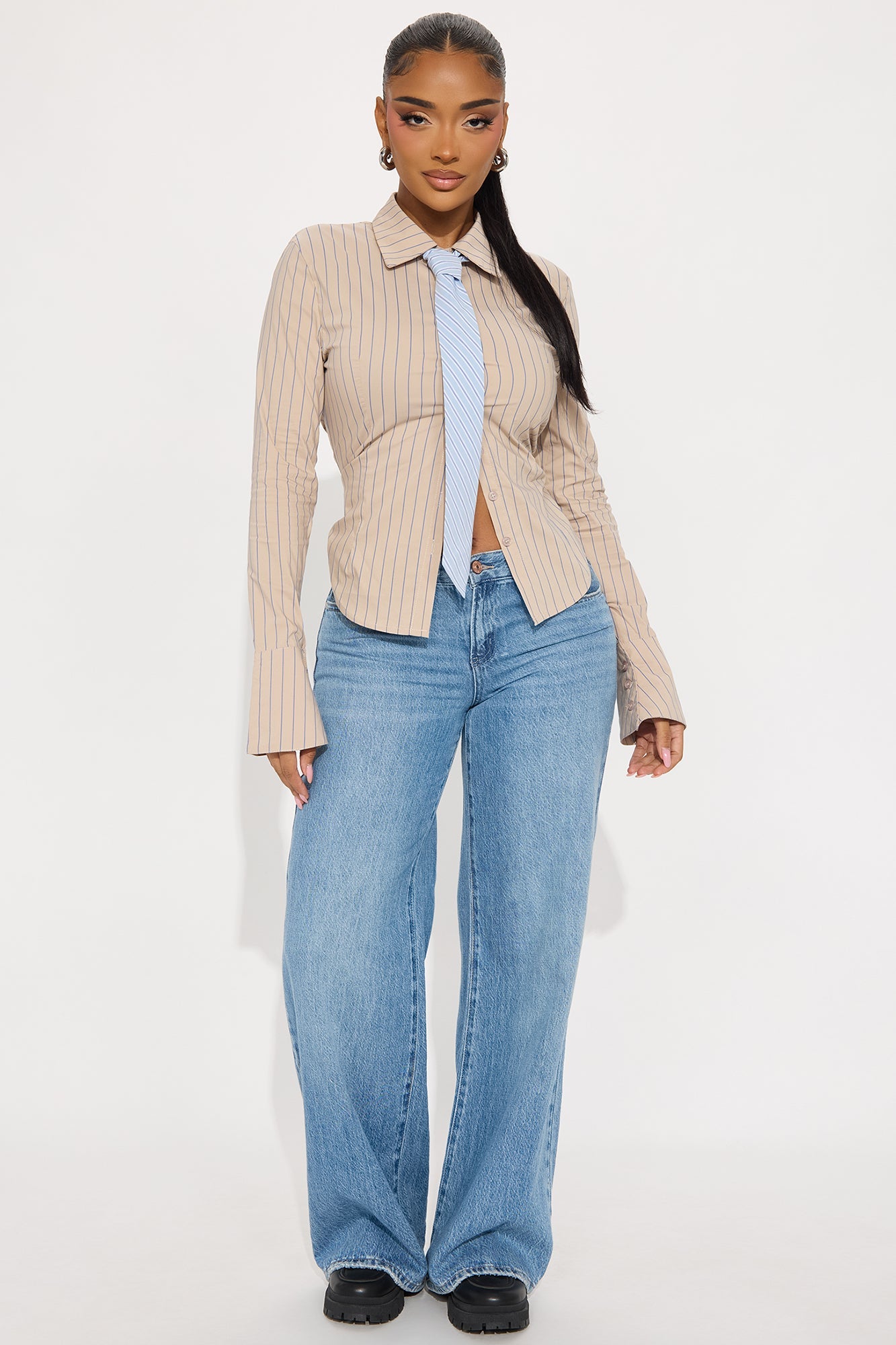 Kazzy Striped 2 Piece Shirt And Tie - Taupe/combo