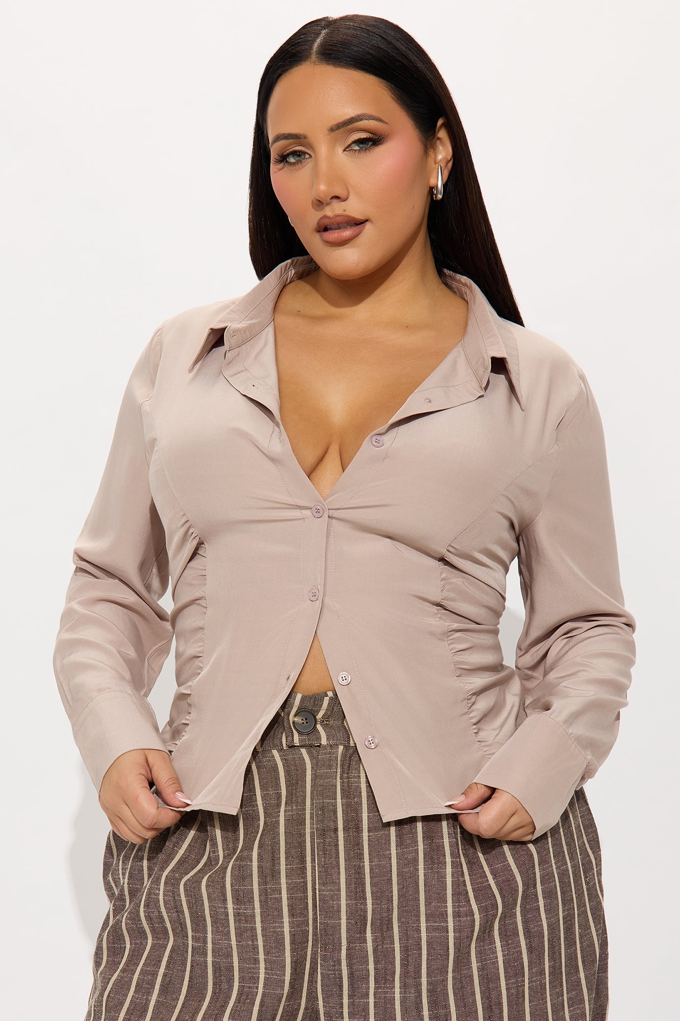 Stay Busy Ruched Challis Shirt - Taupe