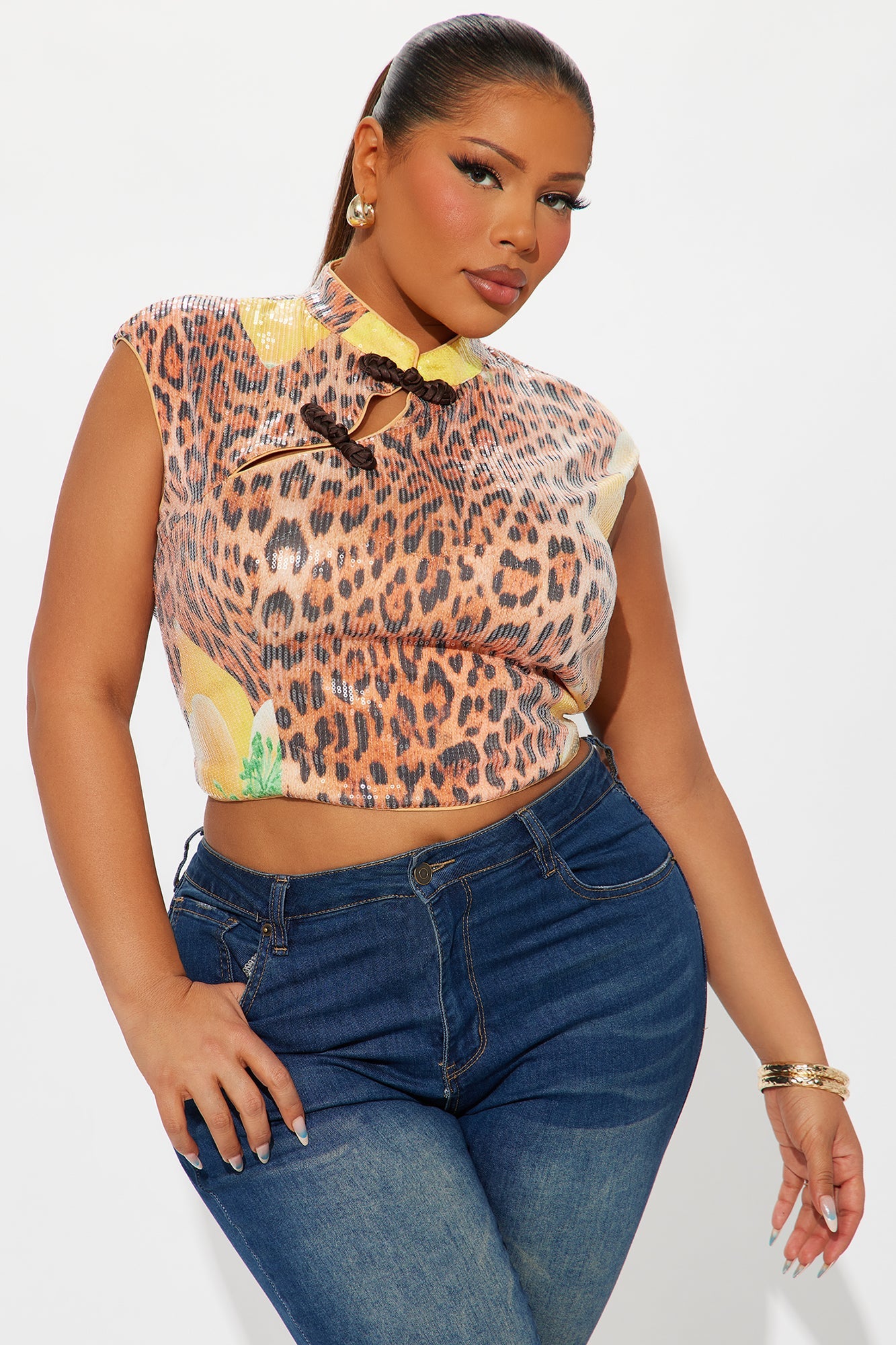 Force Of Nature Leopard Sequin Mock Neck Top - Leopard