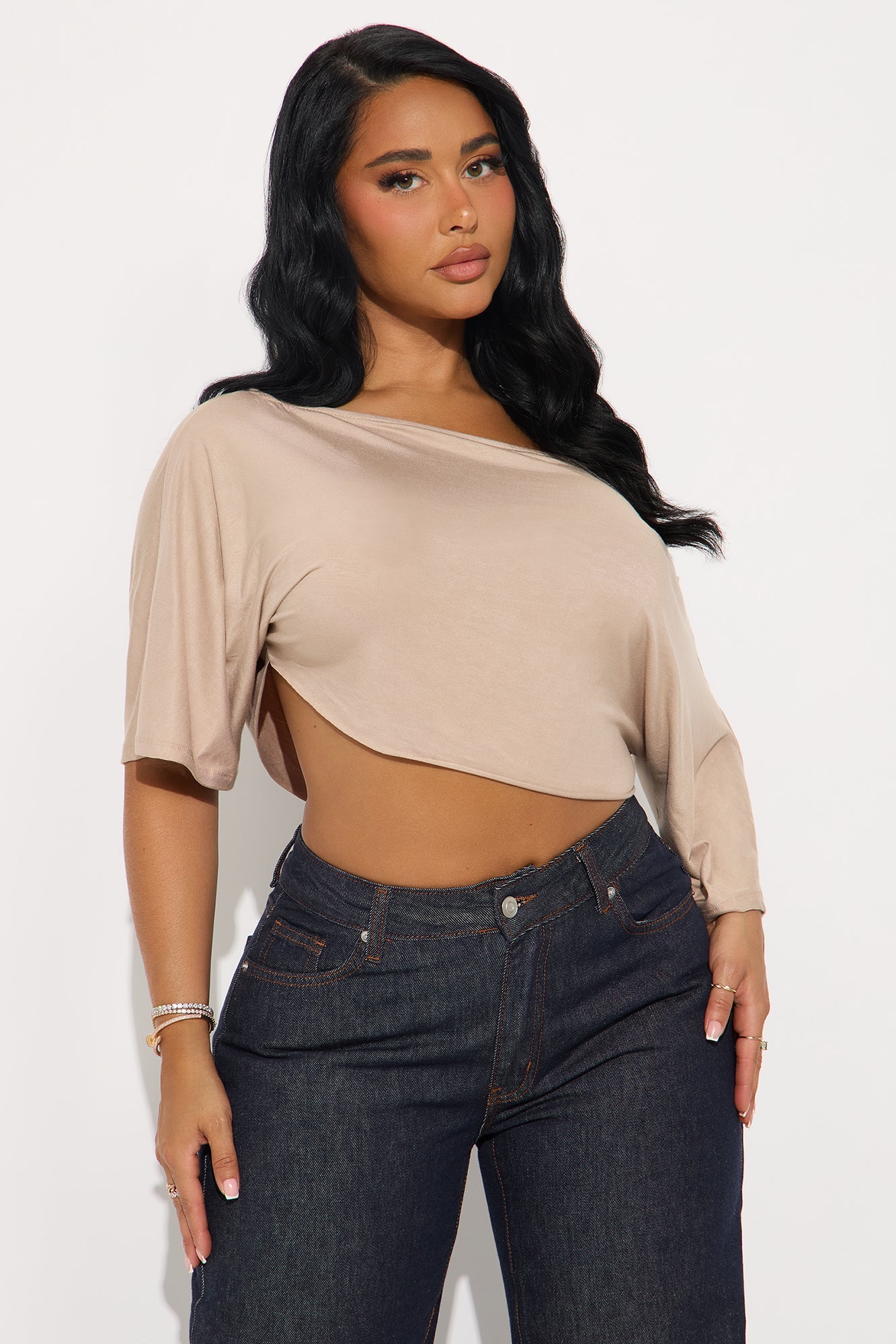 Modal Loose Off Shoulder Cropped Top - Stone