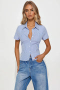 Stay In Line Lace Up Striped Poplin Shirt - Navy