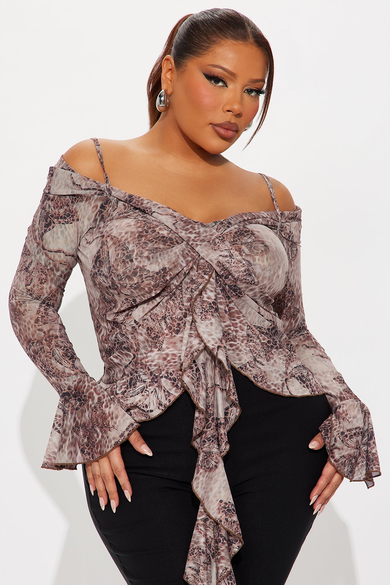 My Sanctuary Ruffle Long Sleeve Top - Brown/combo