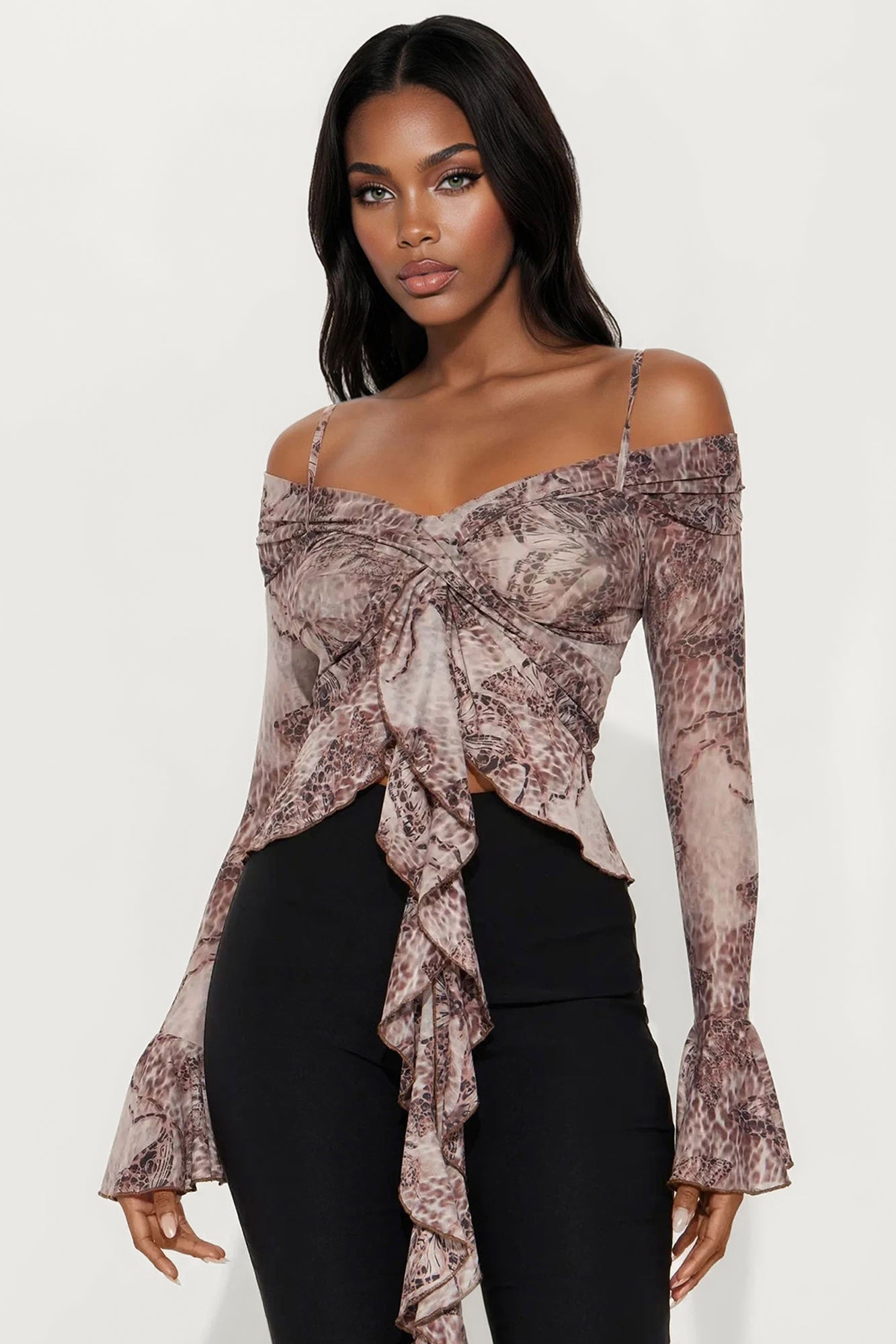 My Sanctuary Ruffle Long Sleeve Top - Brown/combo