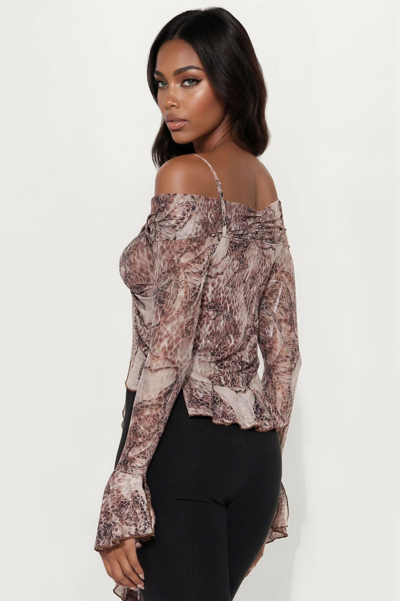 My Sanctuary Ruffle Long Sleeve Top - Brown/combo
