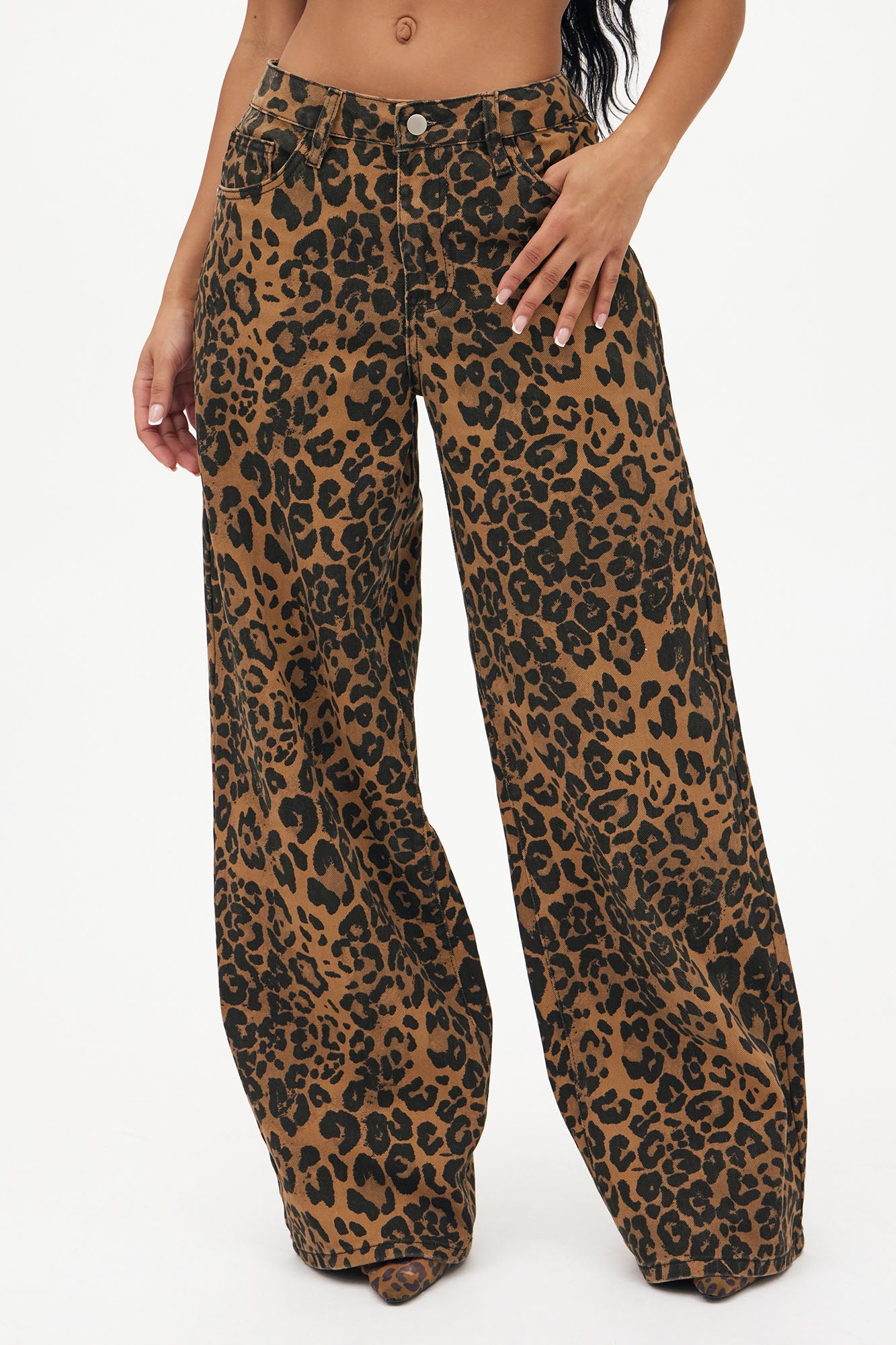 She's A Wild One Leopard Print Wide Leg Jeans - Brown Combo