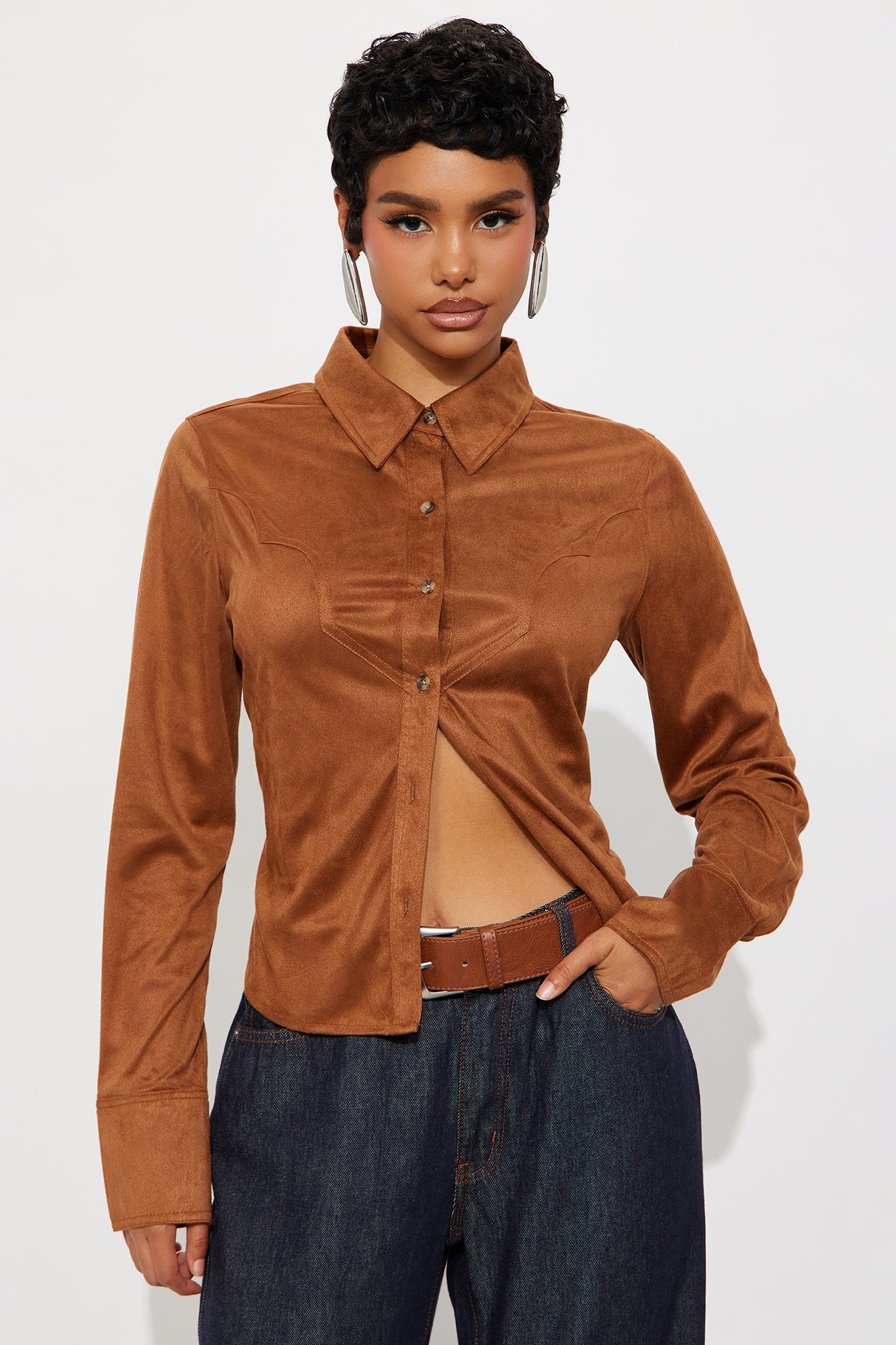 Giddy Up Faux Suede Shirt - Camel