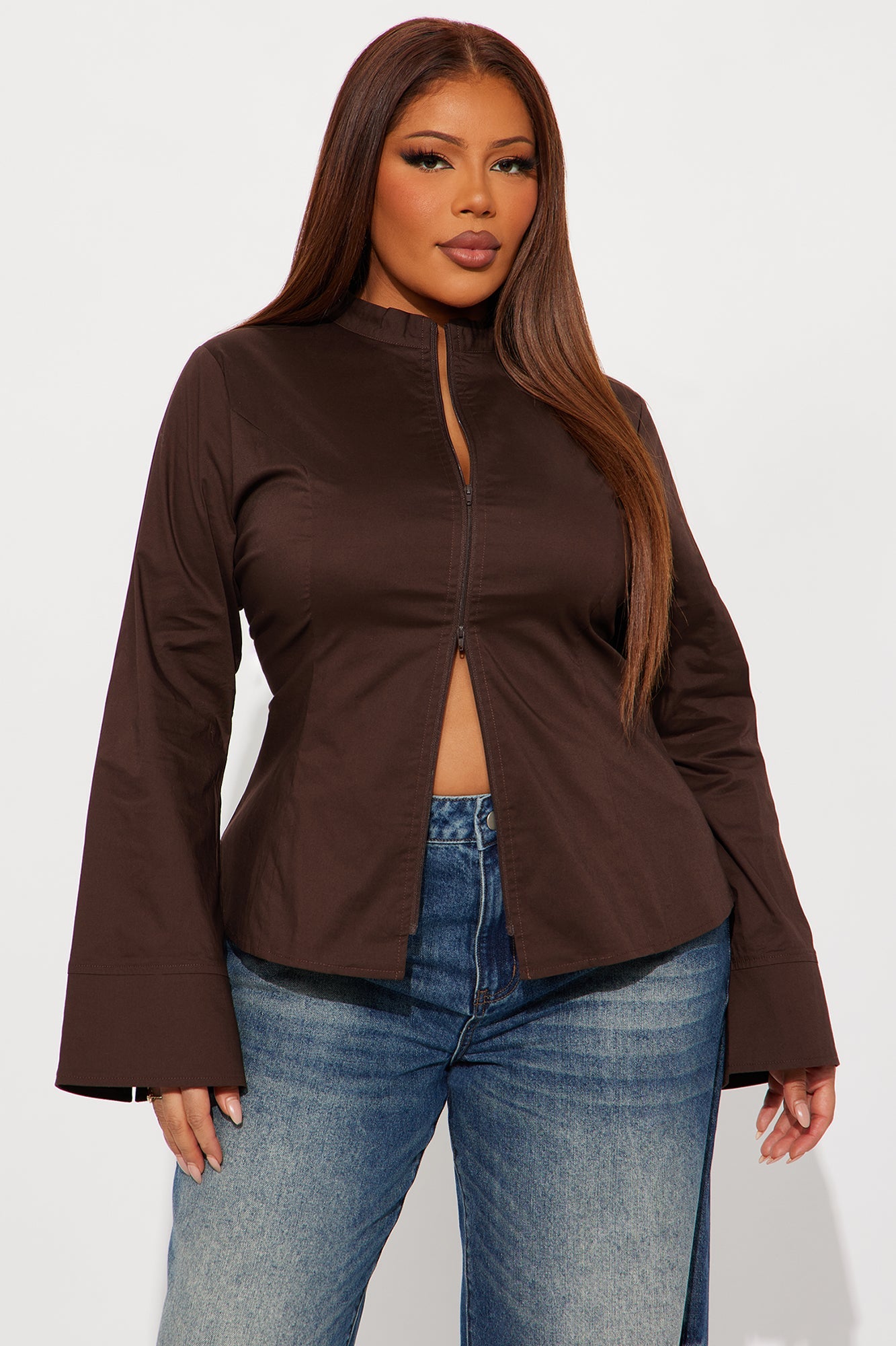 Kara Poplin Zip Up Shirt - Chocolate