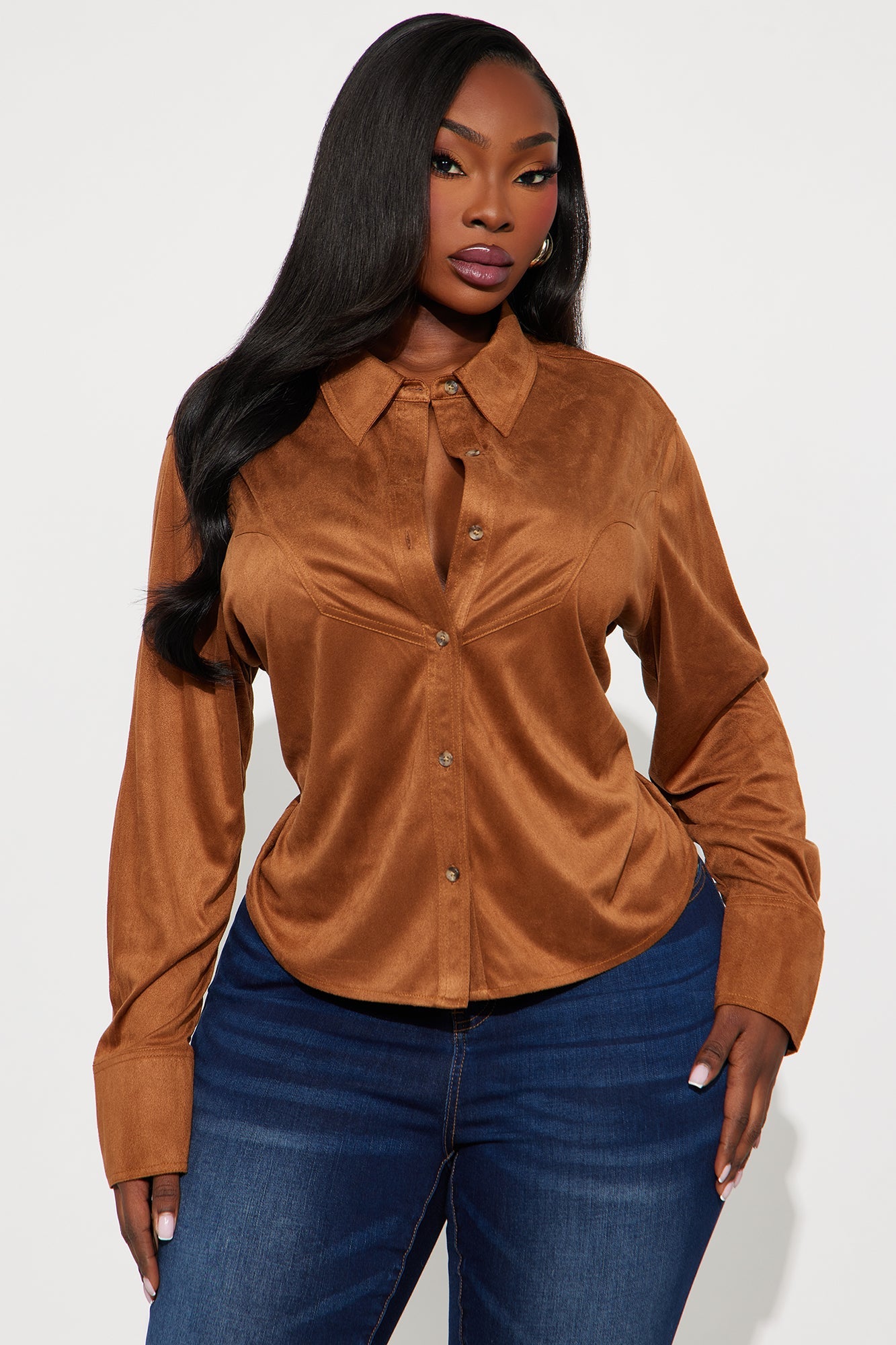 Giddy Up Faux Suede Shirt - Camel