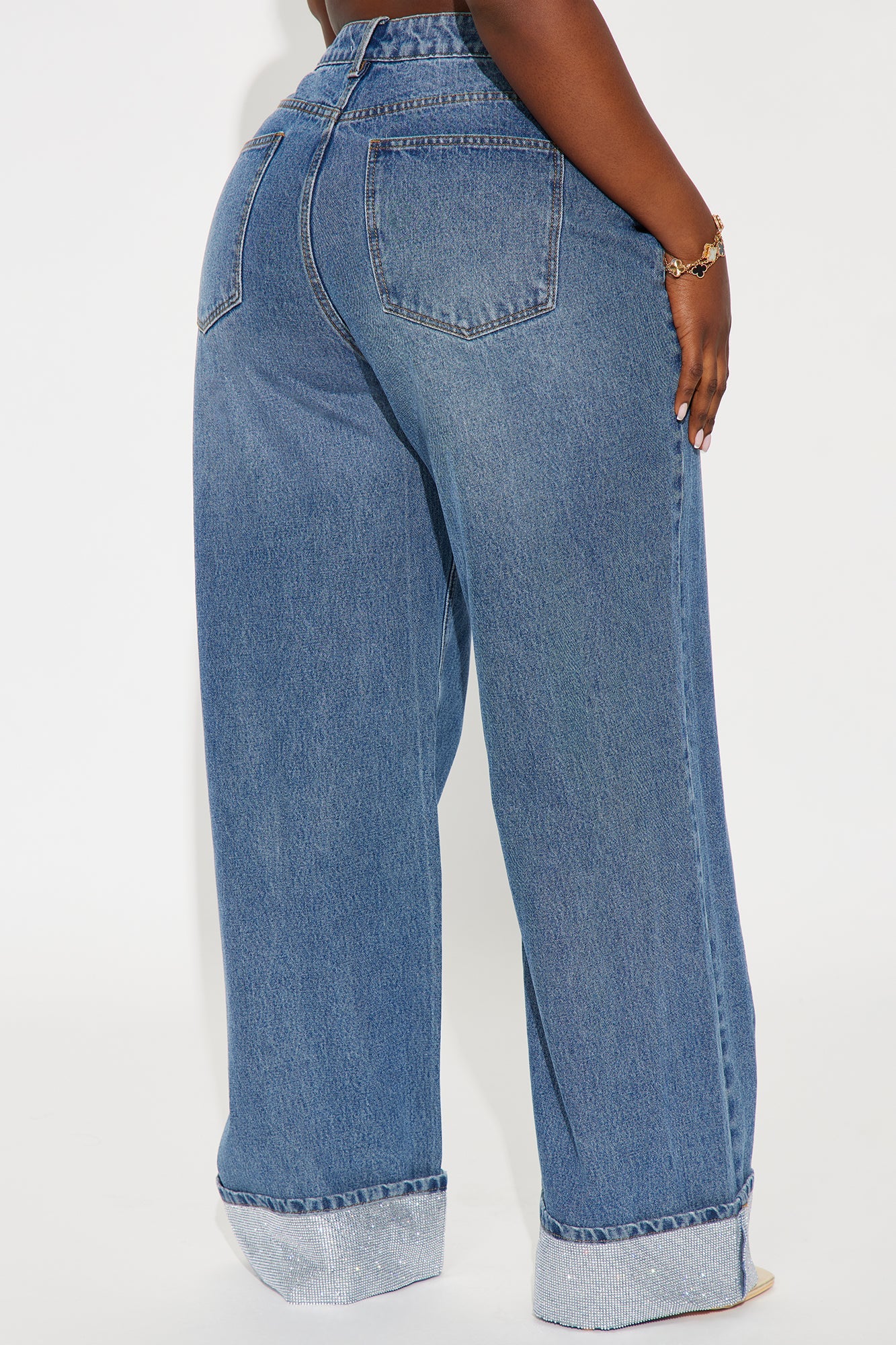 Influential Sparkle Baggy Straight Leg Jeans - Medium Wash