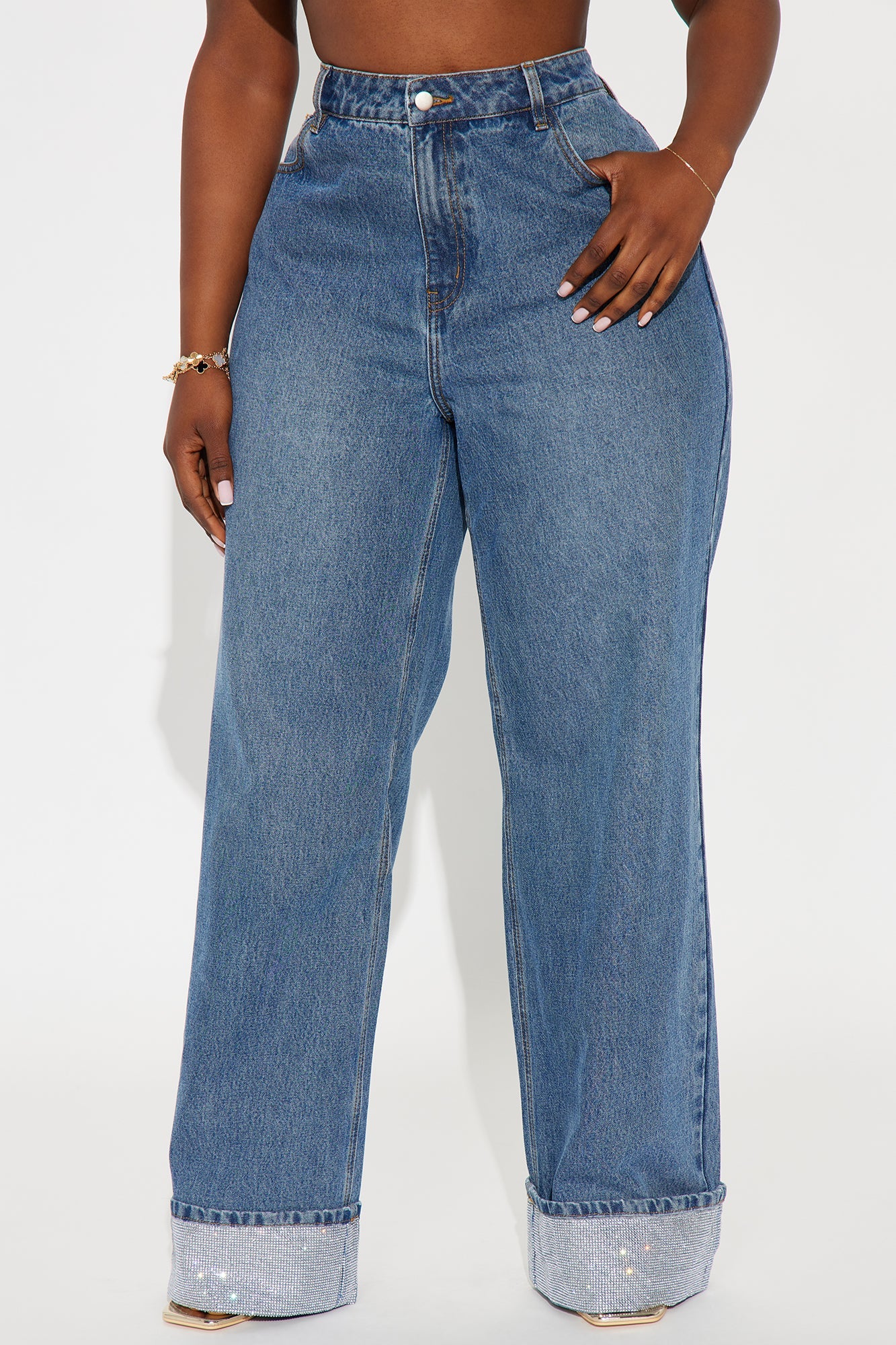 Influential Sparkle Baggy Straight Leg Jeans - Medium Wash