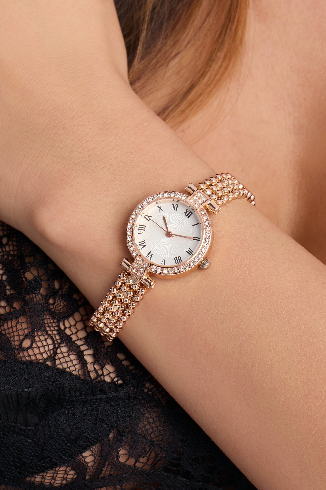 Essential Rhinestone Metal Watch - Rose Gold