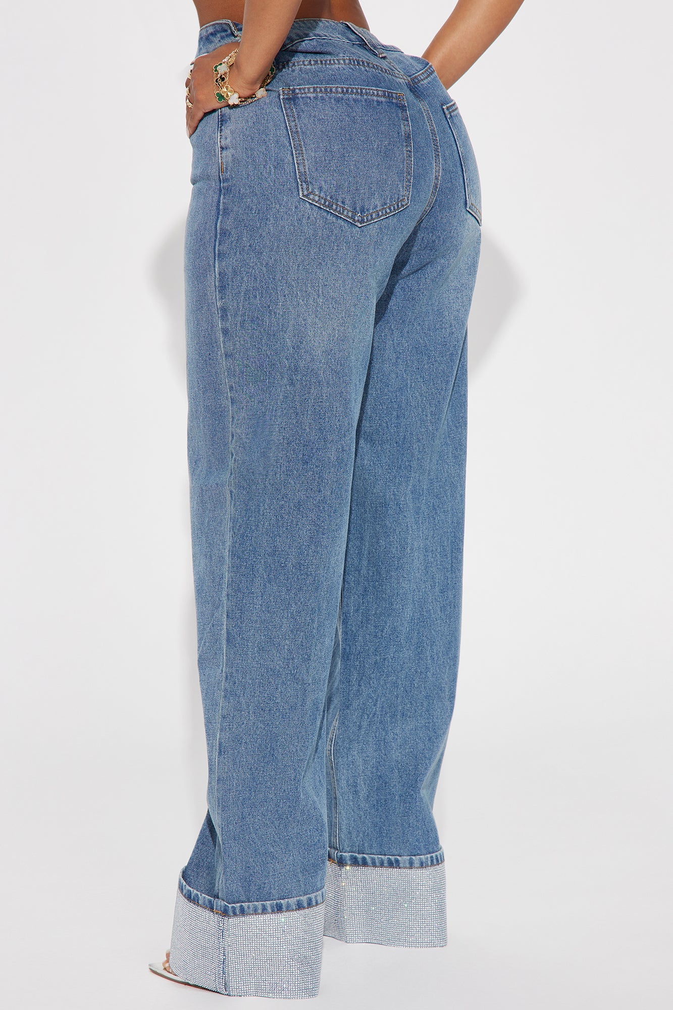 Influential Sparkle Baggy Straight Leg Jeans - Medium Wash